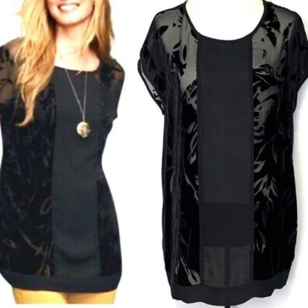 CAbi Siren Song Velvet Burnout Short Sleeve Tunic Top Blouse Small Oversized